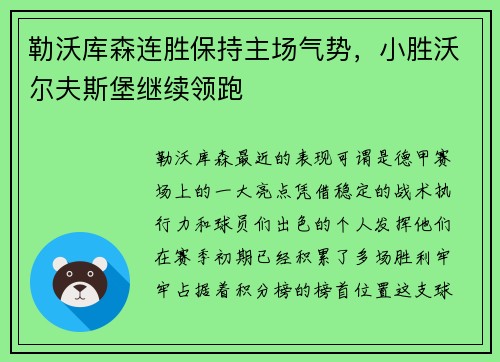 勒沃库森连胜保持主场气势，小胜沃尔夫斯堡继续领跑
